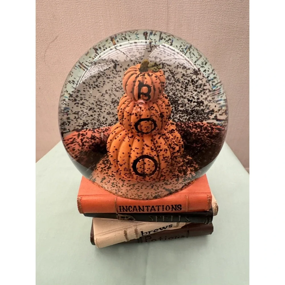 Halloween (NEW) Musical Stacked Orange Books Pumpkin BOO Snow Globe